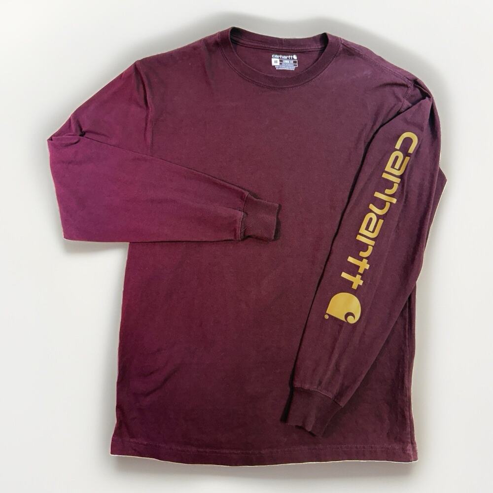 Carhartt Men’s Loose Fit Shirt Maroon And Brown Spellout Sz XS (b5)